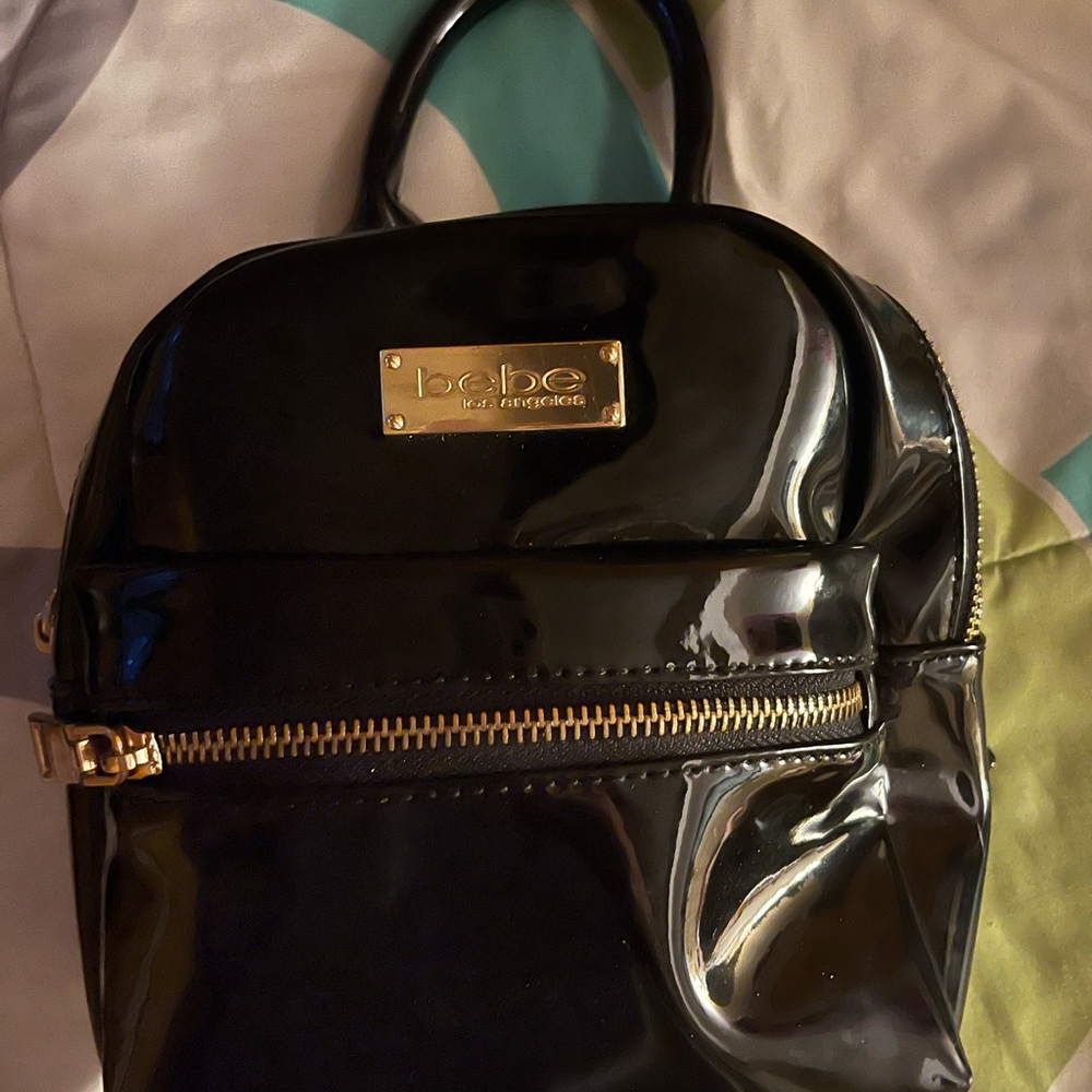 Bebe Glossy Black Backpack Mini with Gold Accents